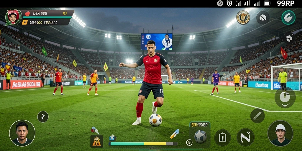 Screenshot gameplay 99RP menampilkan aksi sepak bola yang seru.