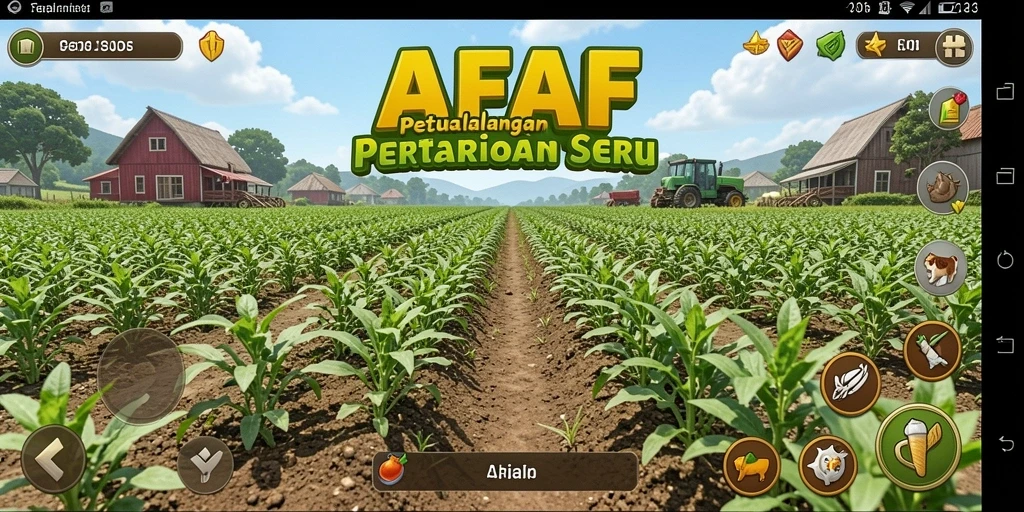 Tampilan gameplay AFAF dengan ladang yang indah dan interaksi hewan ternak.