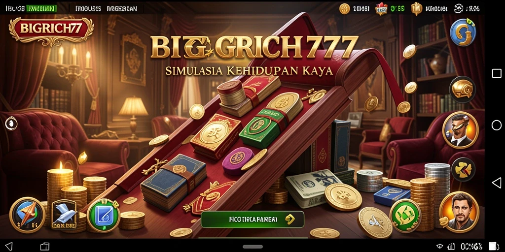 Screenshot gameplay <strong>BIGRICH77</strong> menampilkan simulasi kehidupan mewah dan interaktif.