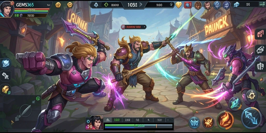 Tangkapan layar utama GEMS365 menampilkan pertarungan epik antar karakter MOBA.
