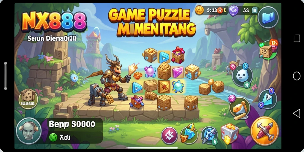 Screenshot gameplay NX888 menampilkan teka-teki menarik dan desain yang ceria.