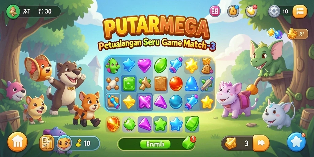 Tampilan gameplay PUTARMEGA yang penuh warna dan tantangan.