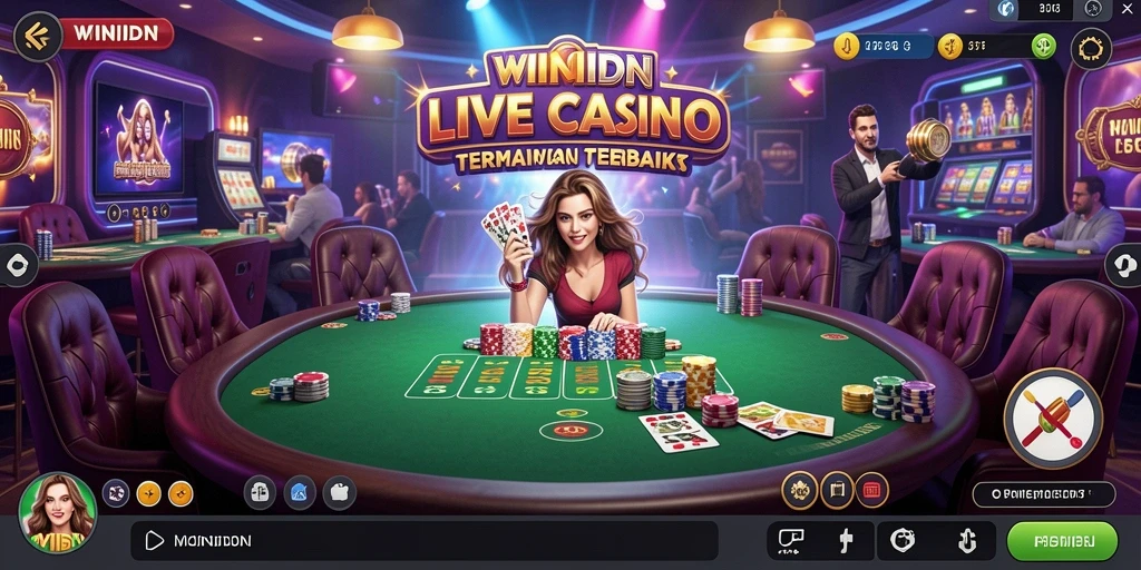 Screenshot gameplay WINIDN menampilkan dealer profesional dan suasana kasino yang menyenangkan.